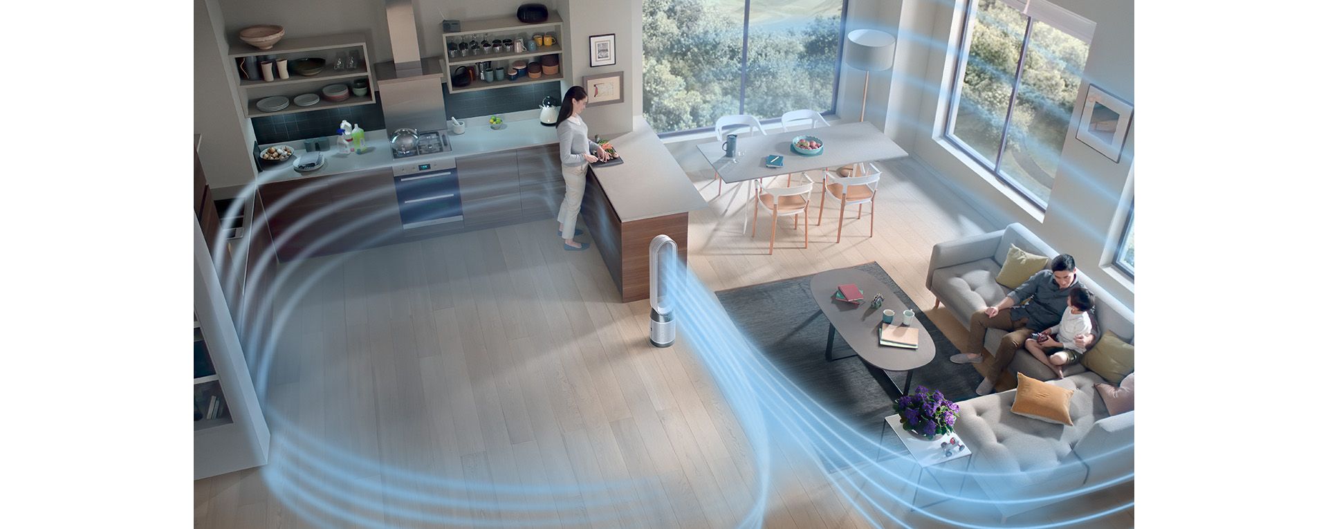 The airflow of a Dyson purifier purifying the whole room.