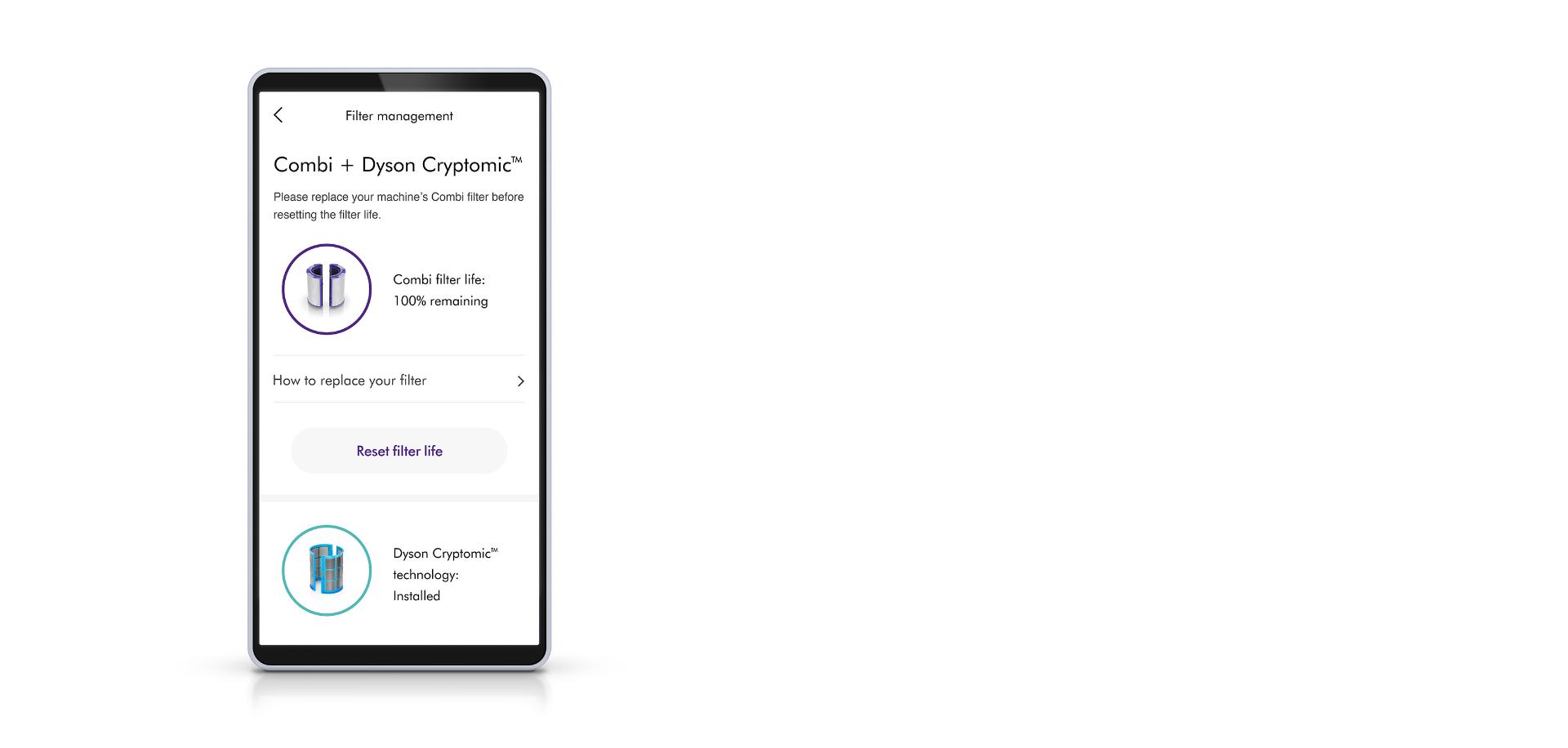A person using the Dyson Link app to check their purifier's filter life.