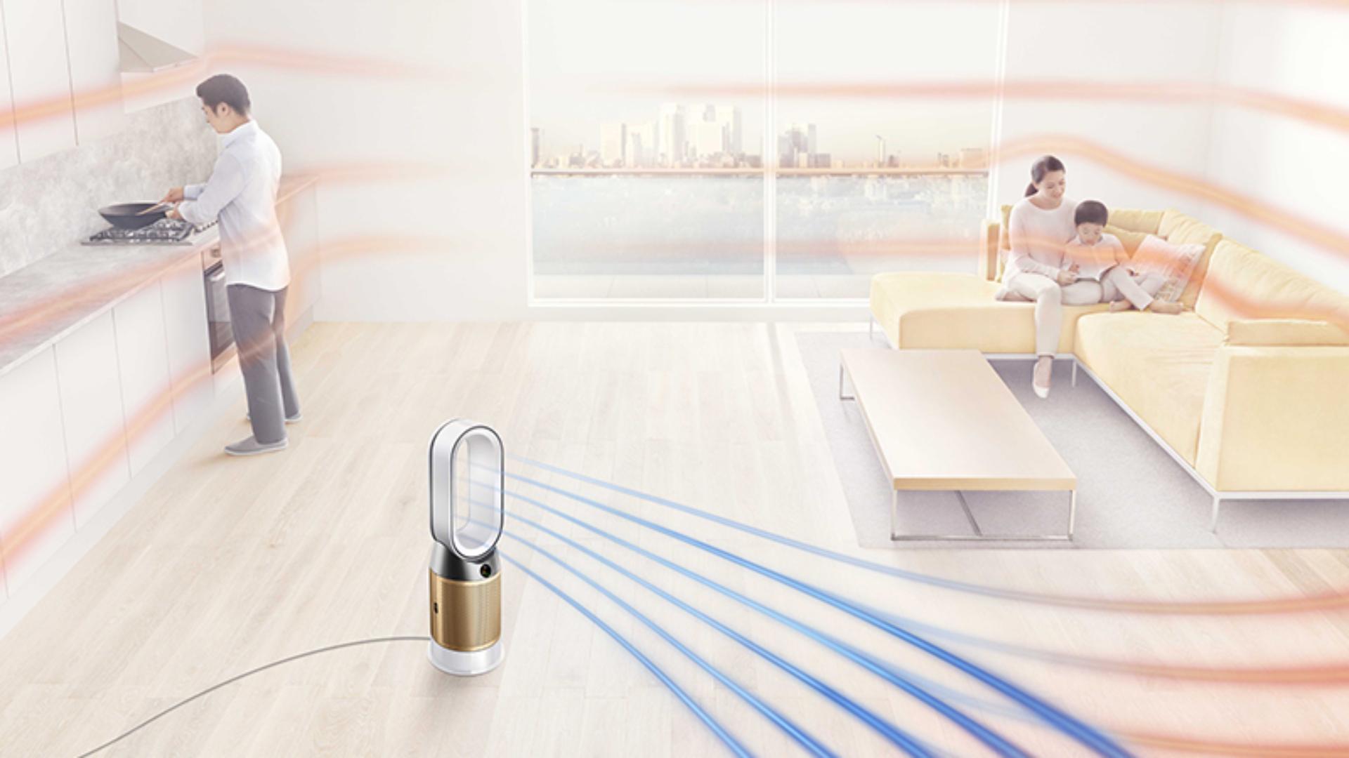 The Dyson Pure Hot+Cool Cryptomic projecting heated and cooling purified air throughout a large open lounge and kitchen