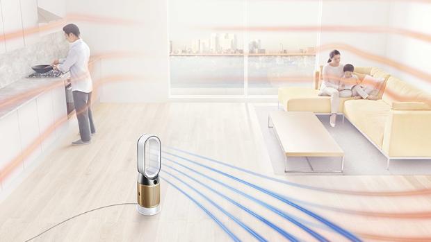The Dyson Pure Hot+Cool Cryptomic projecting heated and cooling purified air throughout a large open lounge and kitchen