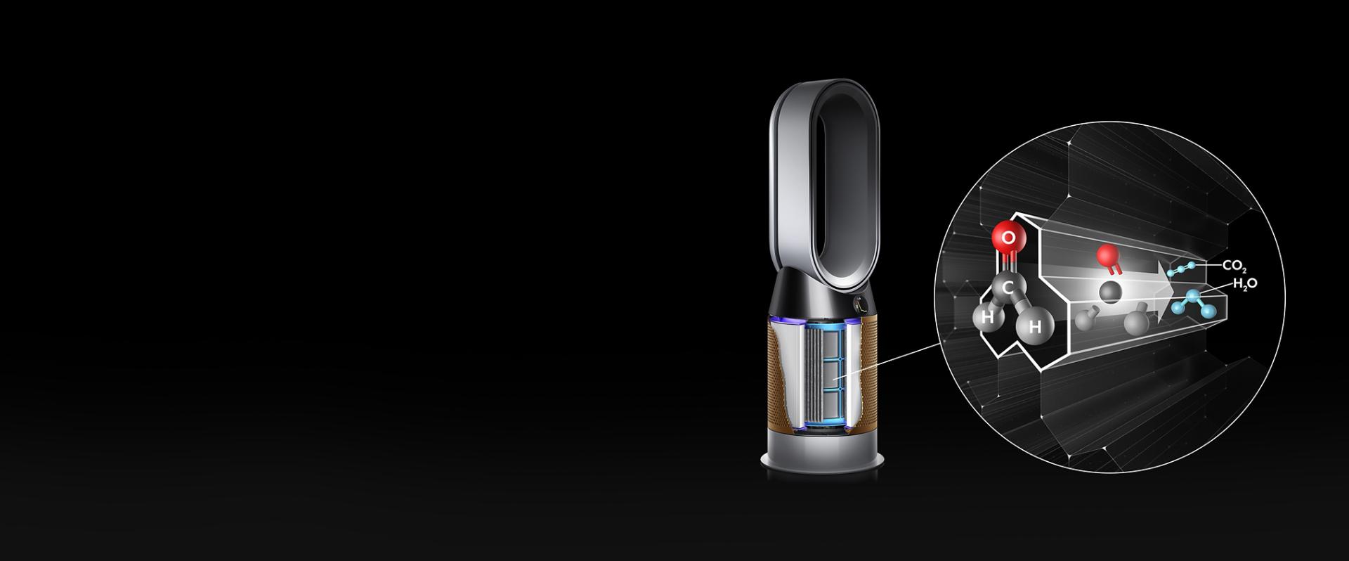 A Dyson Cryptomic purifier with an extreme close up of one of the nanoscopic tunnels inside the filter technology, destroying formaldehyde particles.