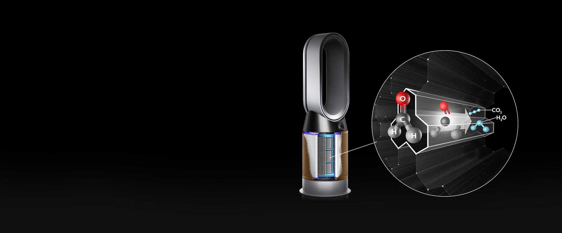 A Dyson Cryptomic purifier with an extreme close up of one of the nanoscopic tunnels inside the filter technology, destroying formaldehyde particles.