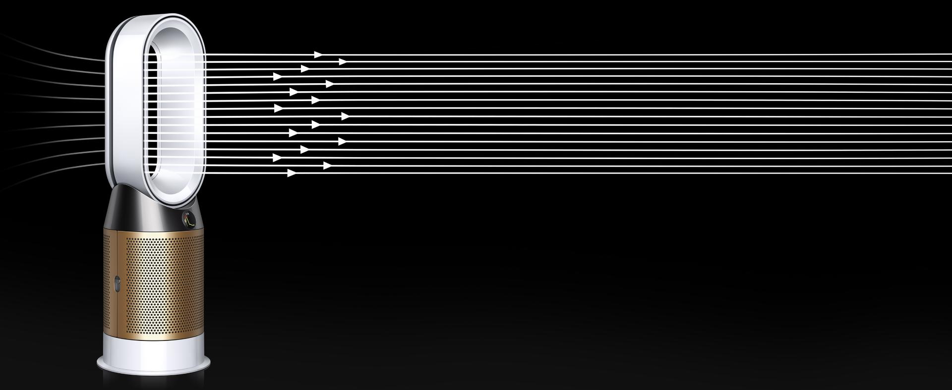A diagram of air entering and exiting the Dyson purifier with Air Amplifier technology