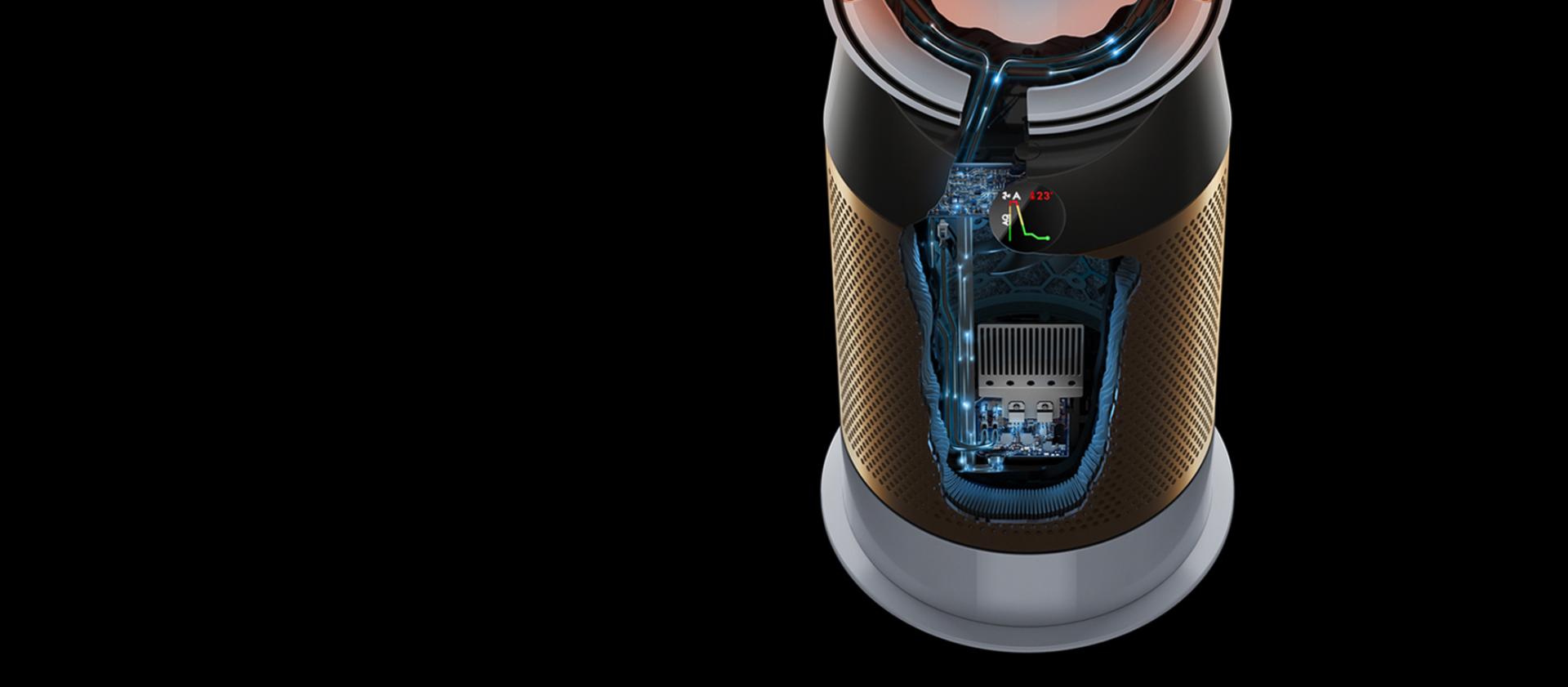 The Dyson Pure Hot+Cool Cryptomic with its ceramic heating plates and thermostat exposed