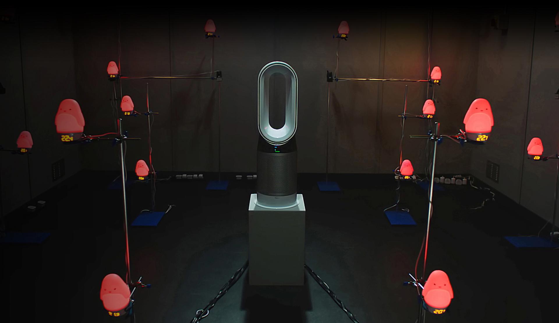 Dyson Pure Hot+Cool in a Dyson lab, surrounded by red heat-sensitive lights