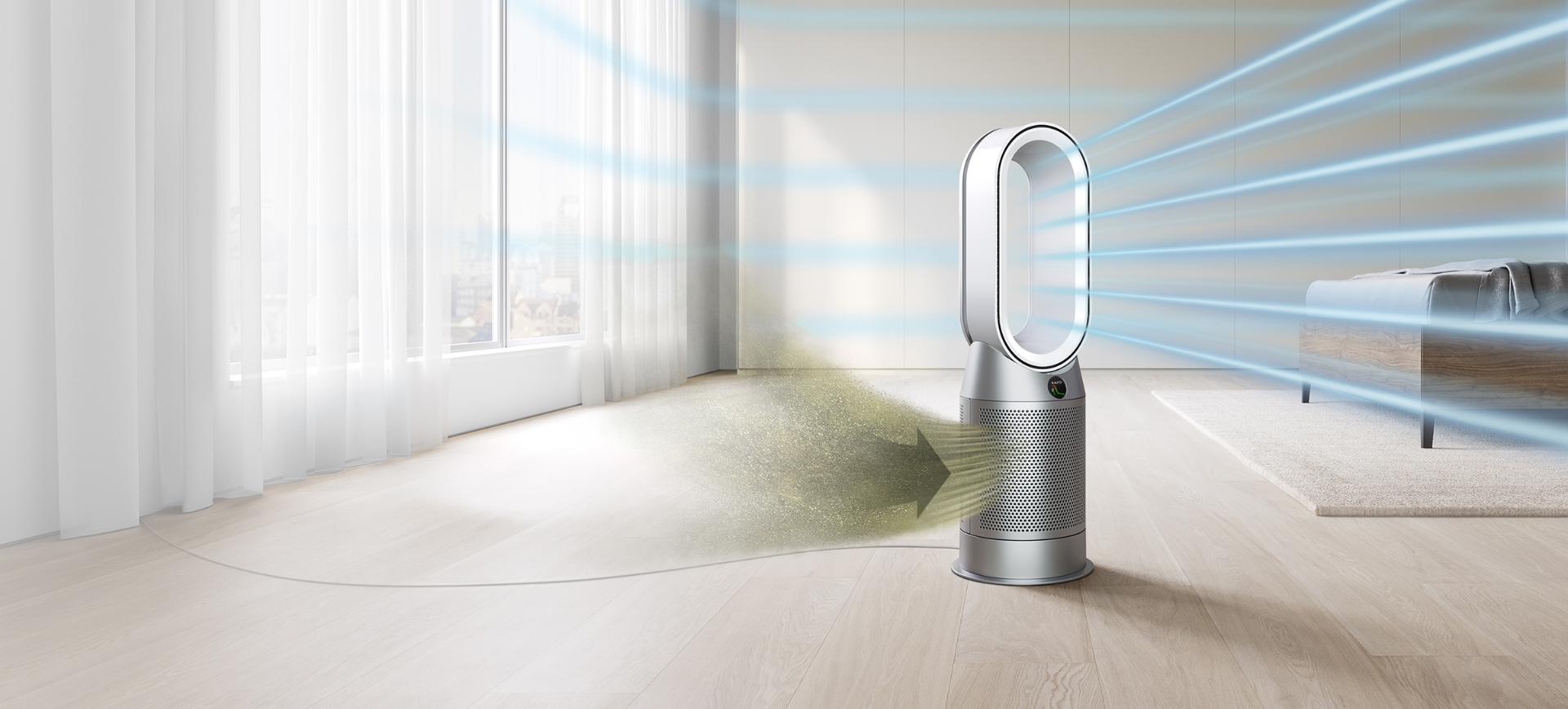 Dyson air purifier in a white room taking in dust particles while releasing blue light indicating cooling. 