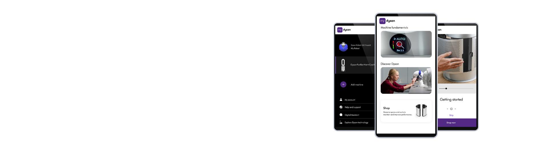 The different features of the MyDyson app shown on phone screens.