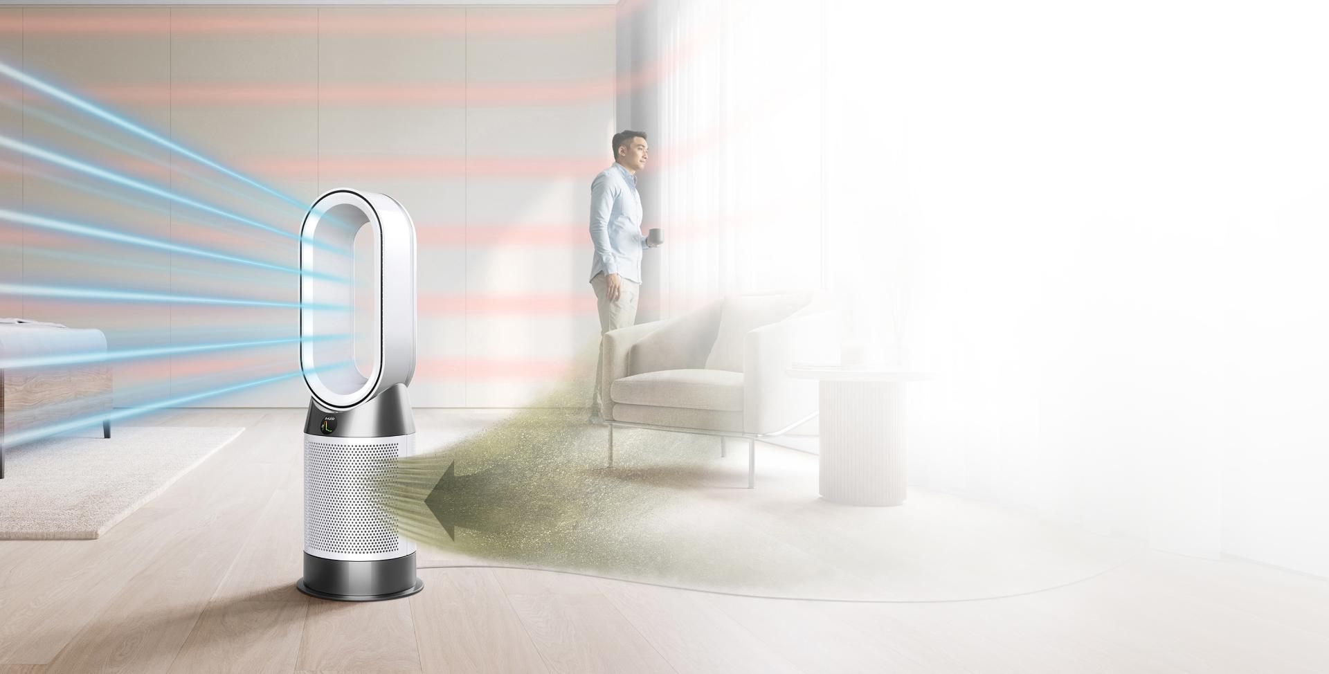 جهاز Dyson Purifier Hot+Cool Gen1 بينما يقوم بتنقية جو منطقة معيشة