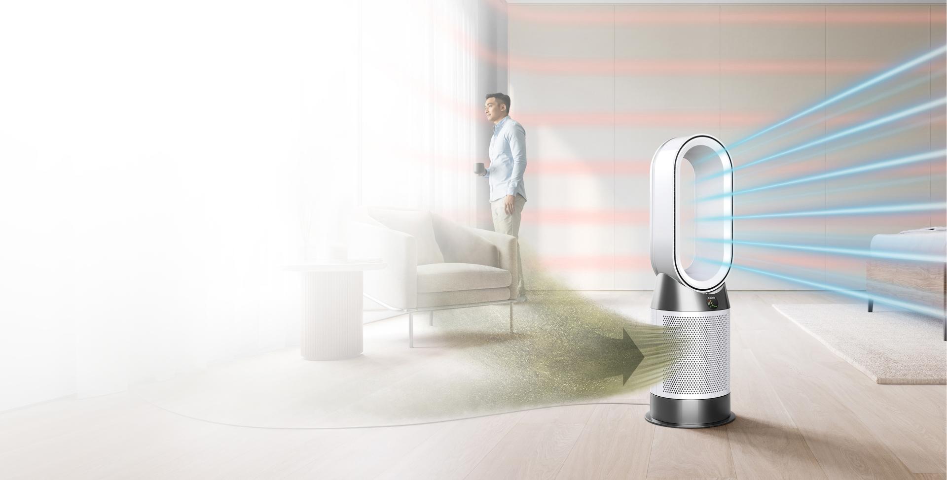 Bir yaşam alanının havasını temizleyen Dyson Purifier Hot+Cool Gen1 hava temizleyici.