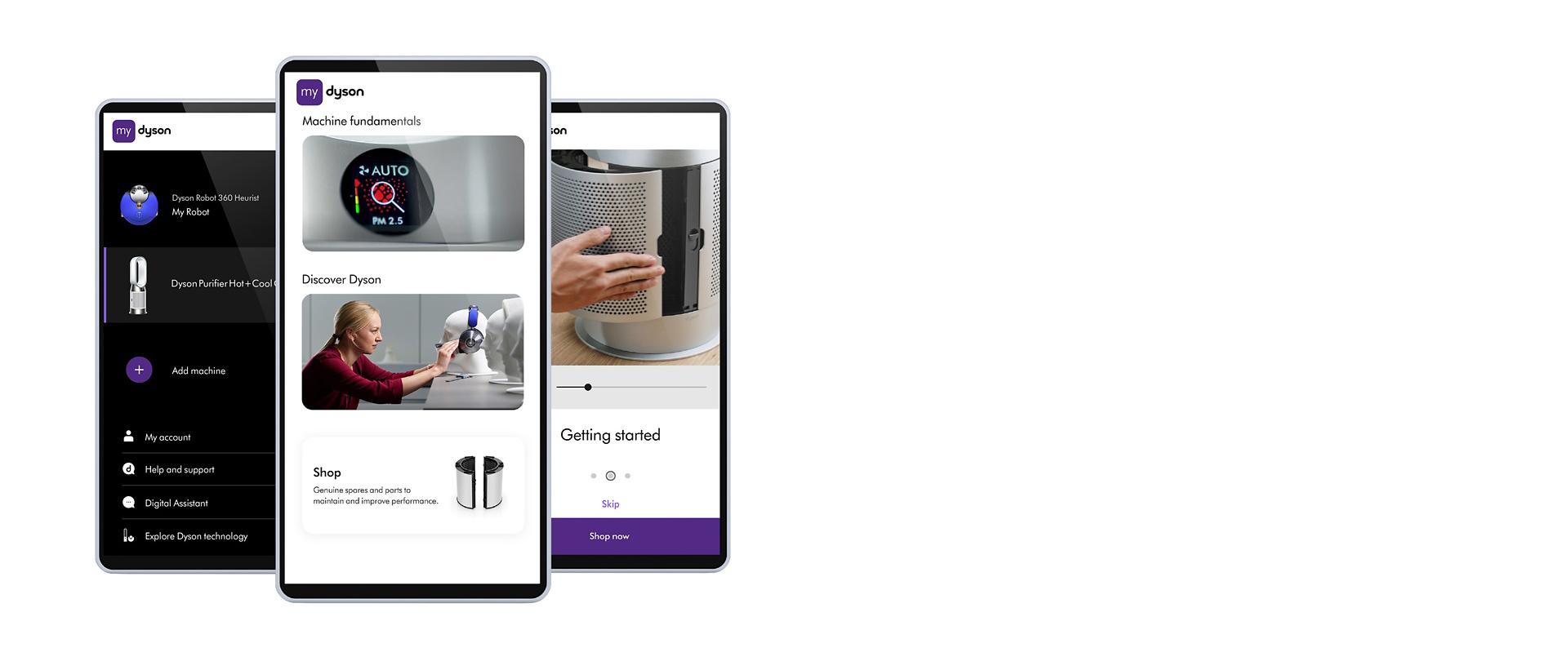 ثلاث شاشات هواتف محمولة تعرض الميزات المختلفة لتطبيق MyDyson