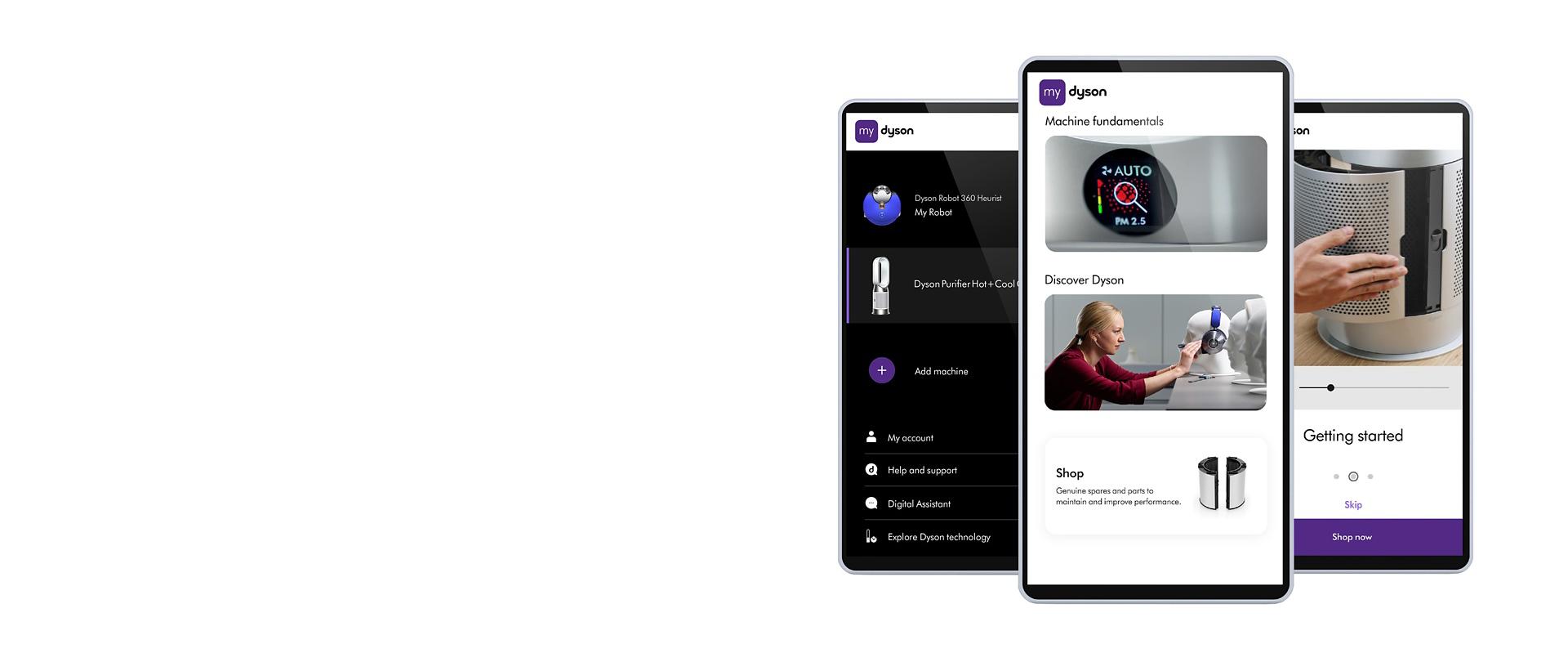Three mobile phone screens showing the different MyDyson app features