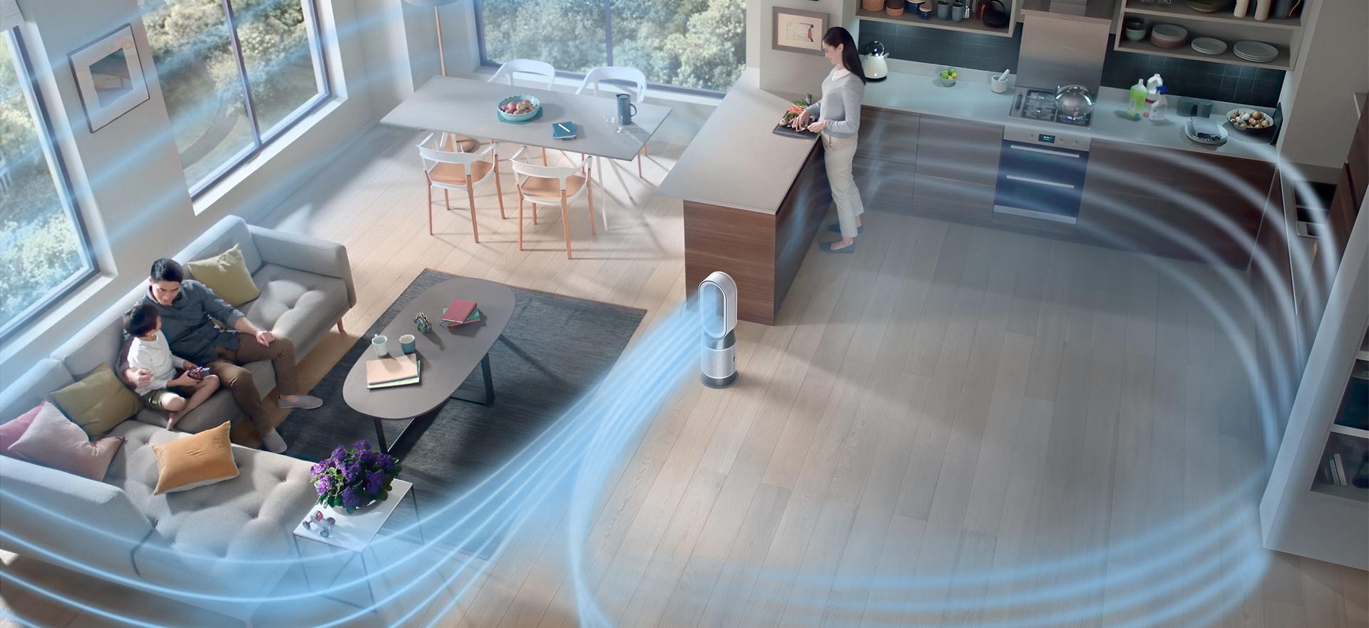 جهاز دايسون لتنقية الهواء بينما يقوم بتنقية هواء غرفة معيشة