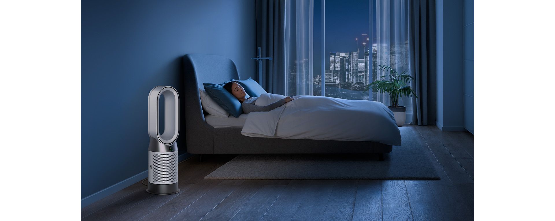 A Dyson purifier purifying a bedroom.