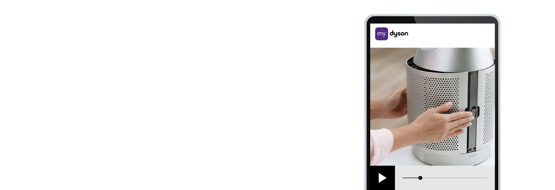 A mobile screen showing the MyDyson app video on how to replace your filter.