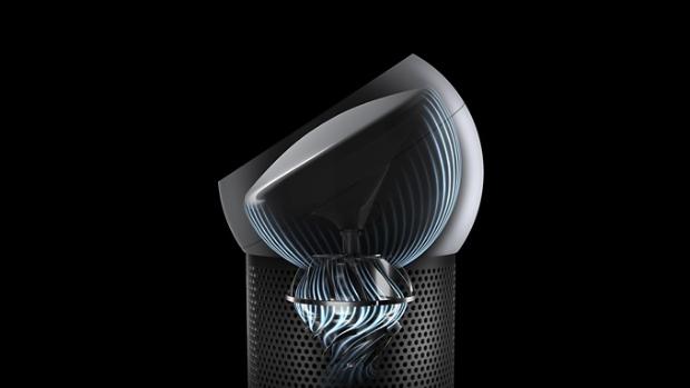 Airflow travels through the Dyson personal purifier fan's apertures, on each side of the convex dome