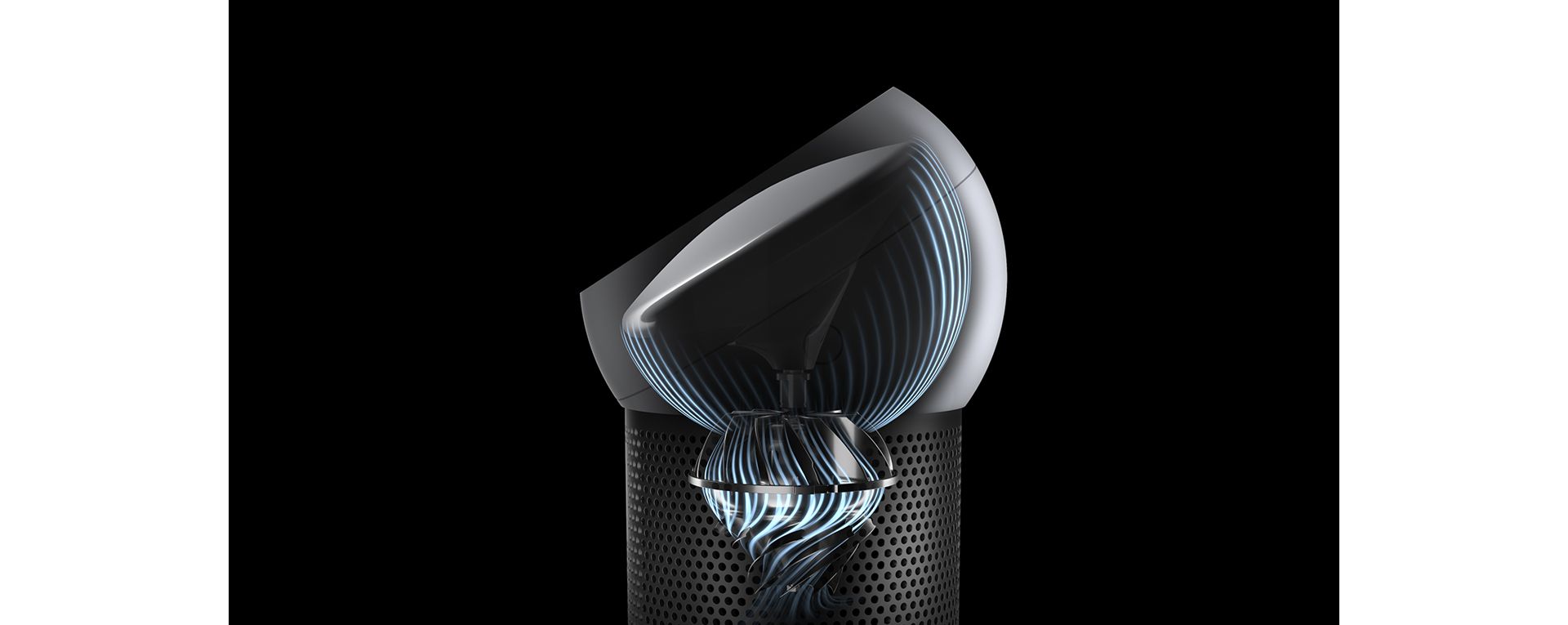 Airflow travels through the Dyson personal purifier fan's apertures, on each side of the convex dome