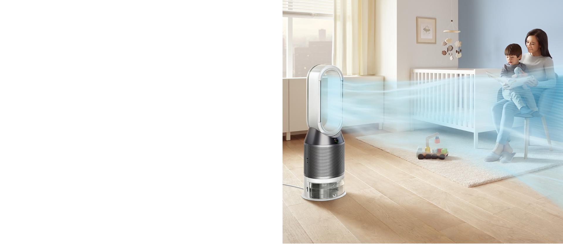 Dyson Pure Humidify+Cool rozprowadza oczyszczone, nawilżone powietrze w sypialni dziecka