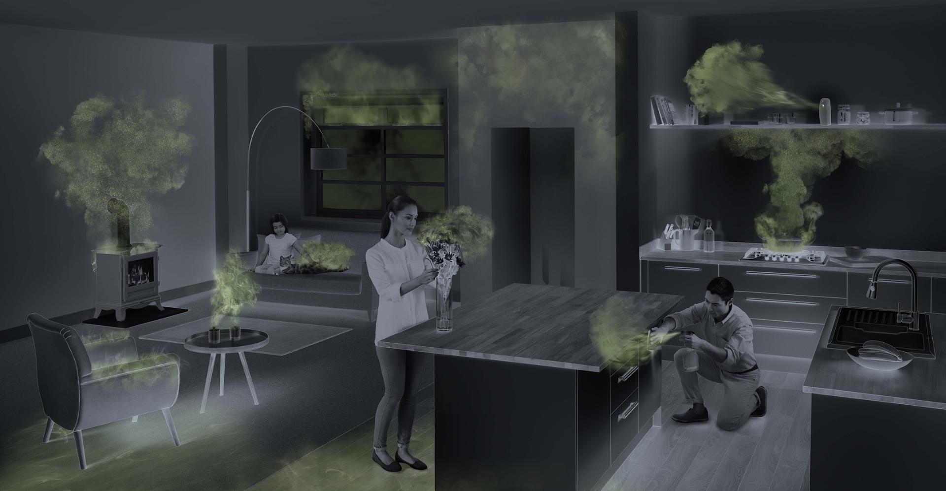 Demonstration of harmful pollutants around a family room