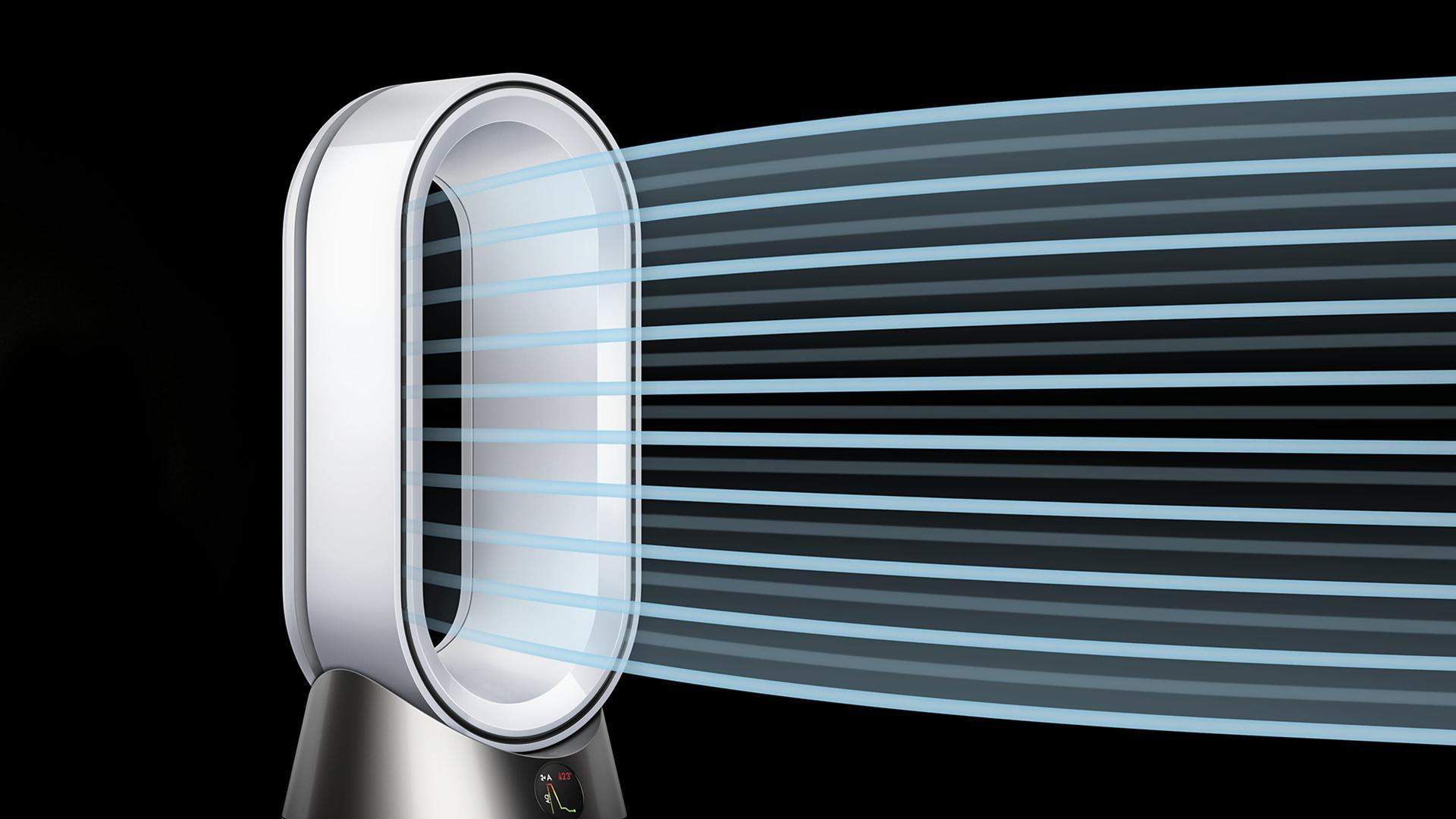 Dyson air purifier releasing air shown through the use of blue lines