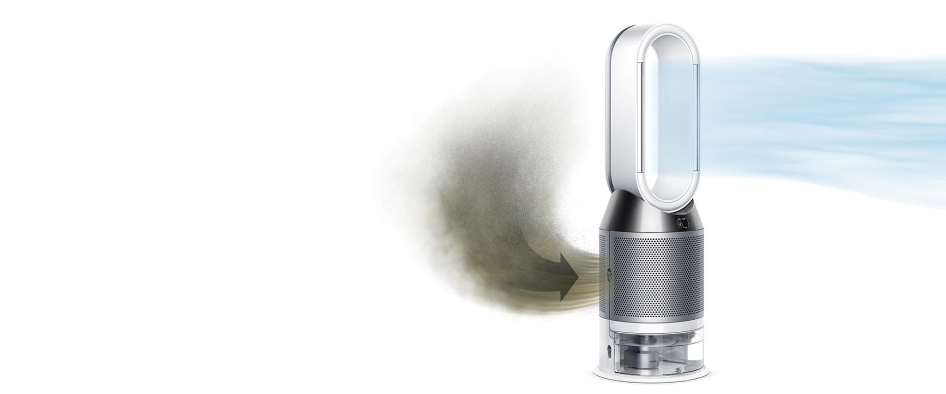 Dyson Pure Humidify+Cool pochłaniający zanieczyszczone powietrze i rozprowadzający oczyszczone, nawilżone powietrze