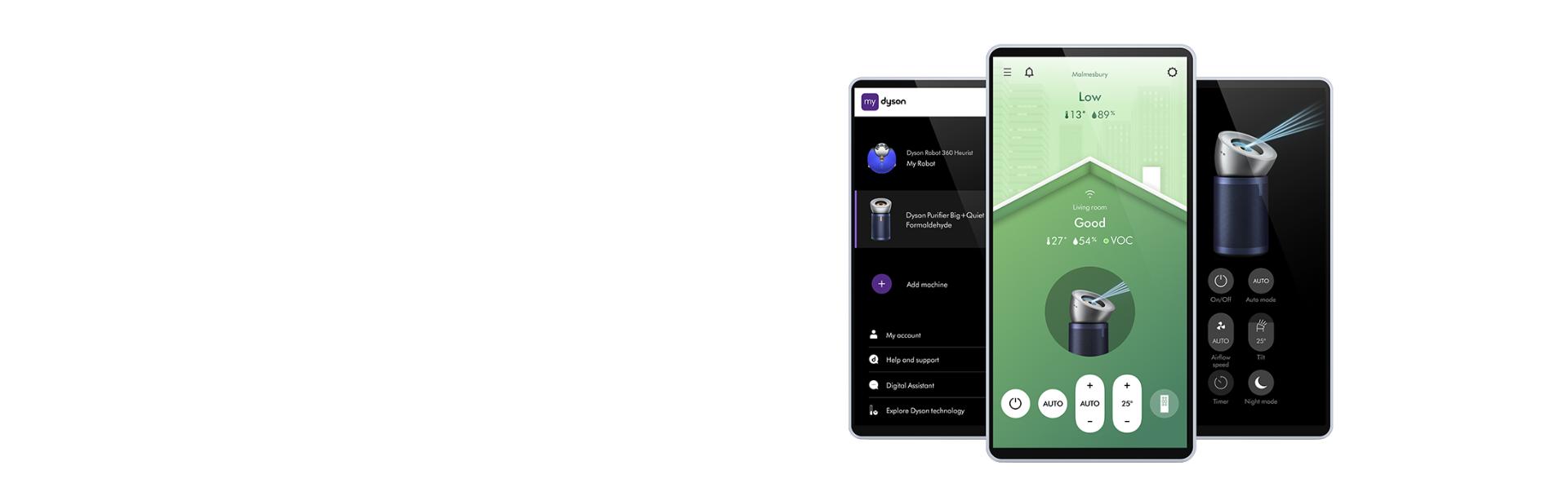 The MyDyson app on different mobile phone screens.
