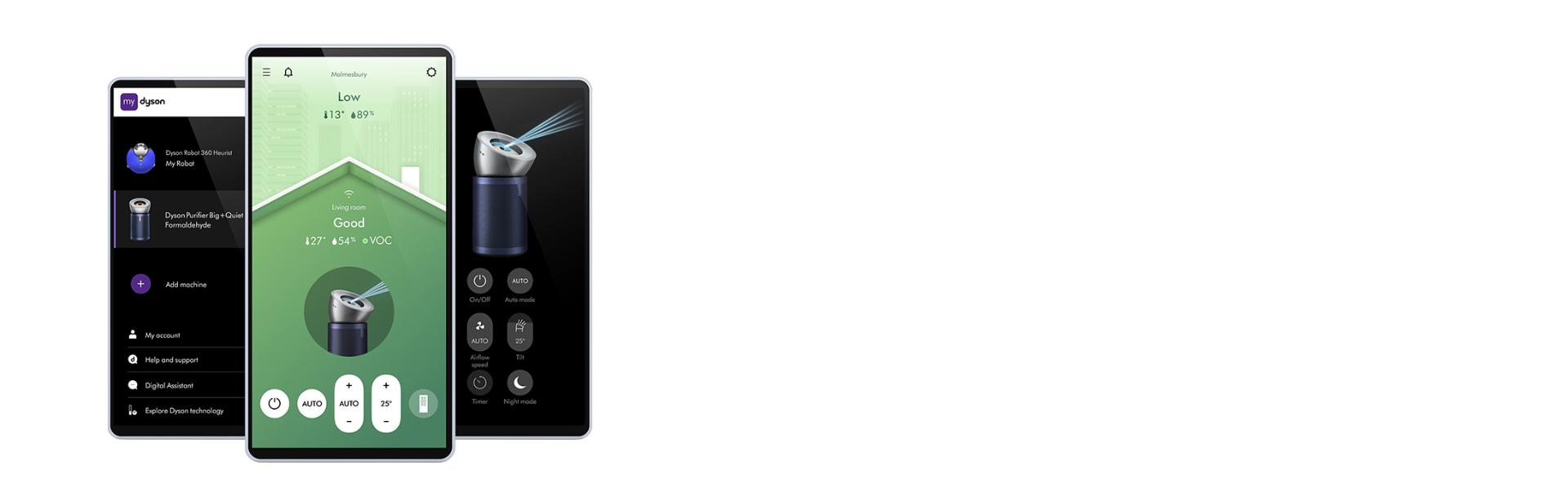تطبيق MyDyson على شاشات هواتف محمولة مختلفة.