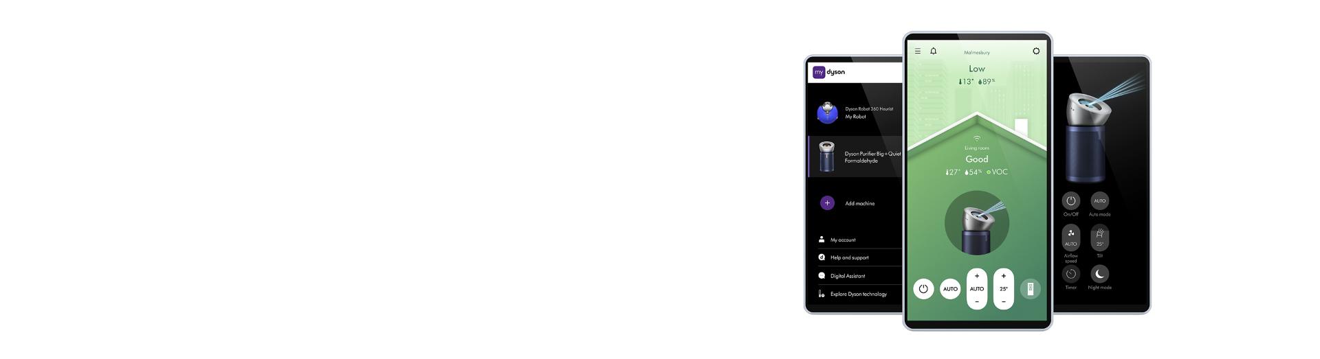 3 ekrany smartfonów prezentujące otwartą aplikację MyDyson