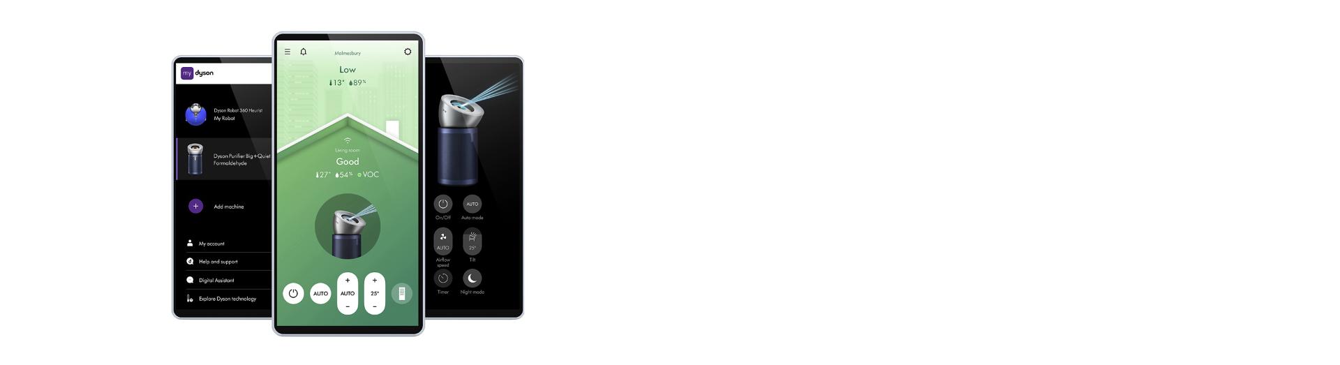 ثلاث شاشات للهاتف تعرض الميزات المختلفة لتطبيق MyDyson.