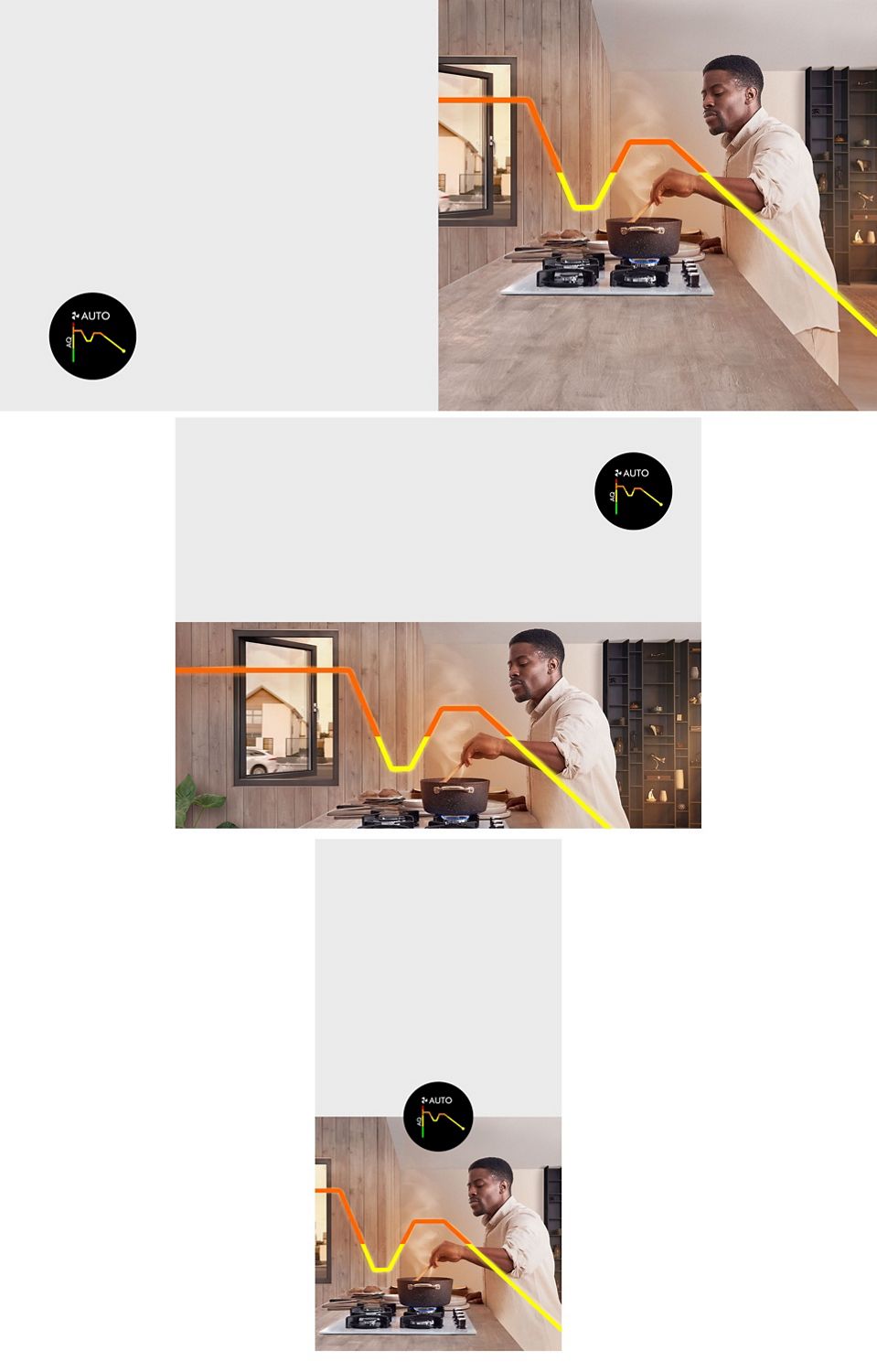 Homme cuisinant avec des fumées d’échappement entrant par une fenêtre ouverte. Une ligne montre la zone à forte concentration de polluants. A man cooking with exhaust fumes entering an open window. A line shows where pollutants are high.
