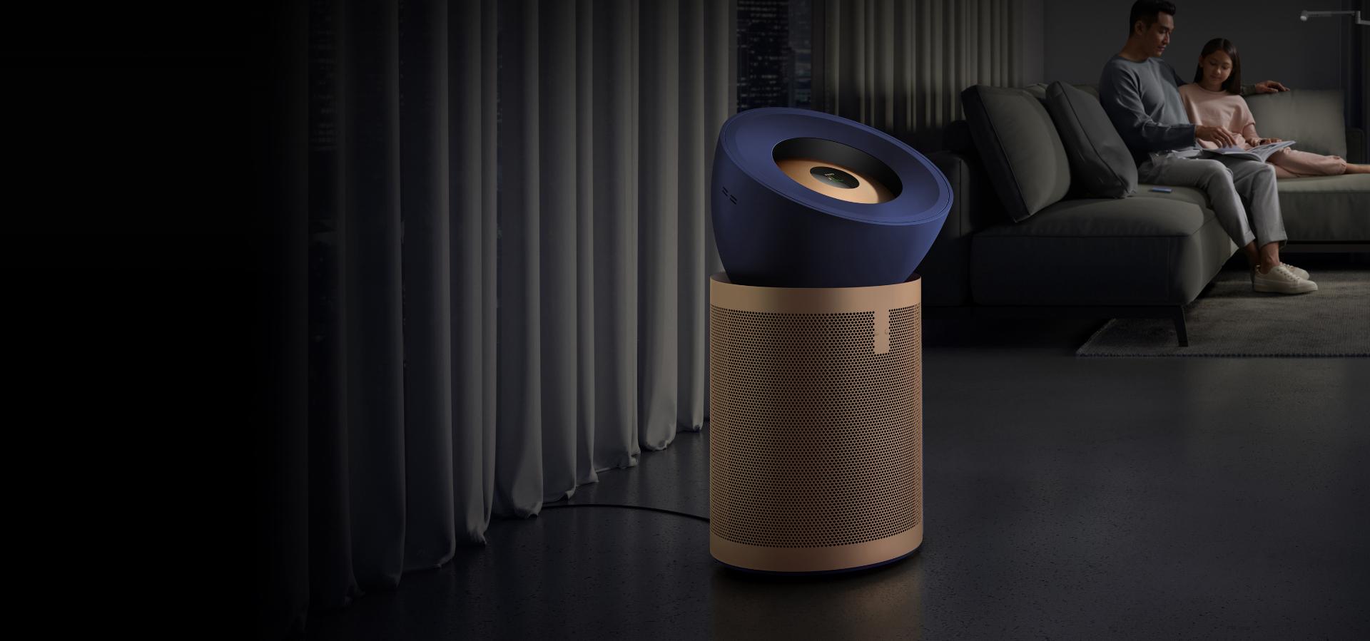 Dyson Purifier Big+Quiet Formaldehyde in a living space at night.