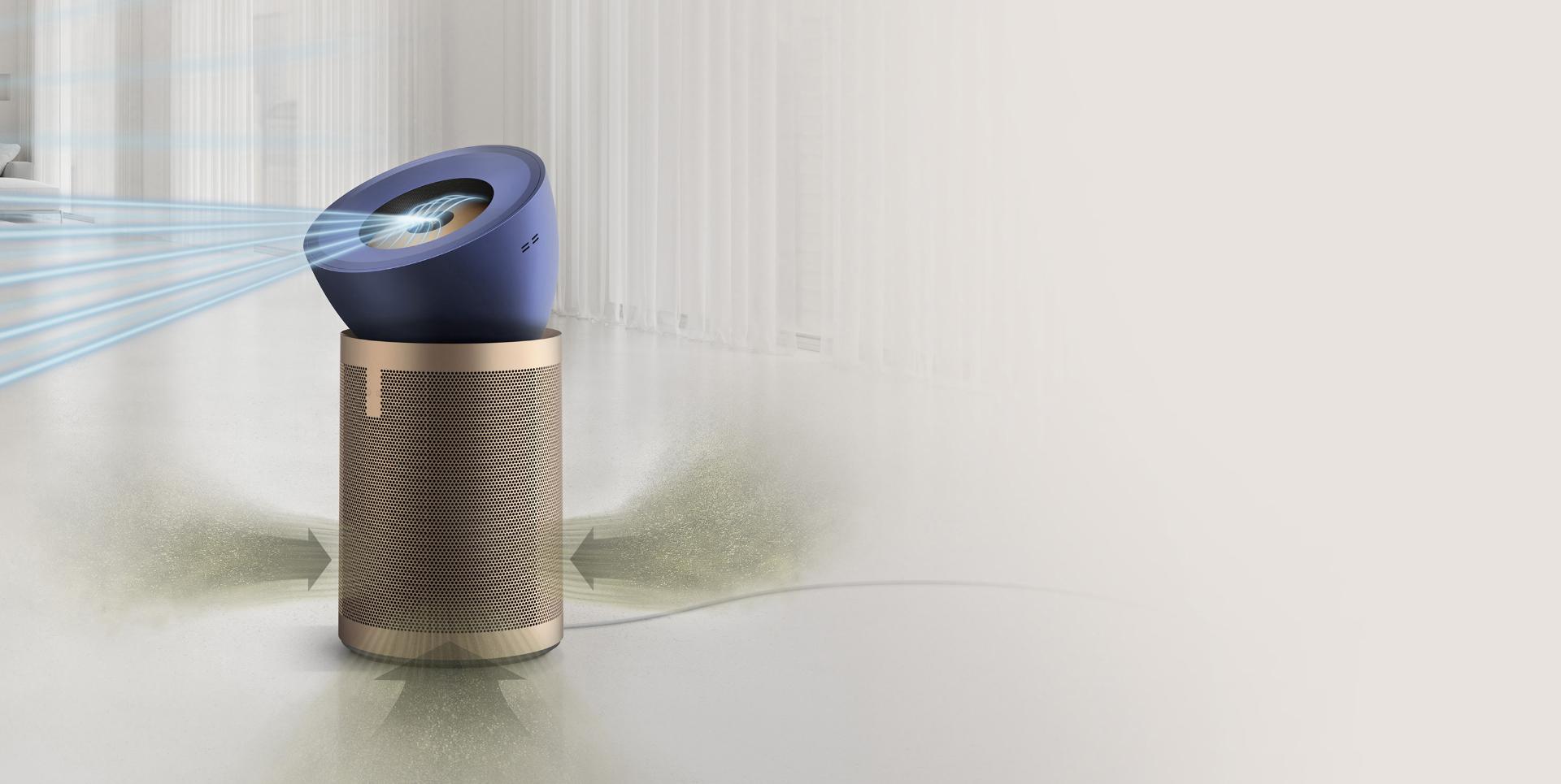 يقوم جهاز دايسون لتنقية الهواء الكبير + الفورمالديهايد الهادئ بإخراج الهواء إلى مساحة المعيشة بينما يتم التقاط الملوثات في الفلتر.