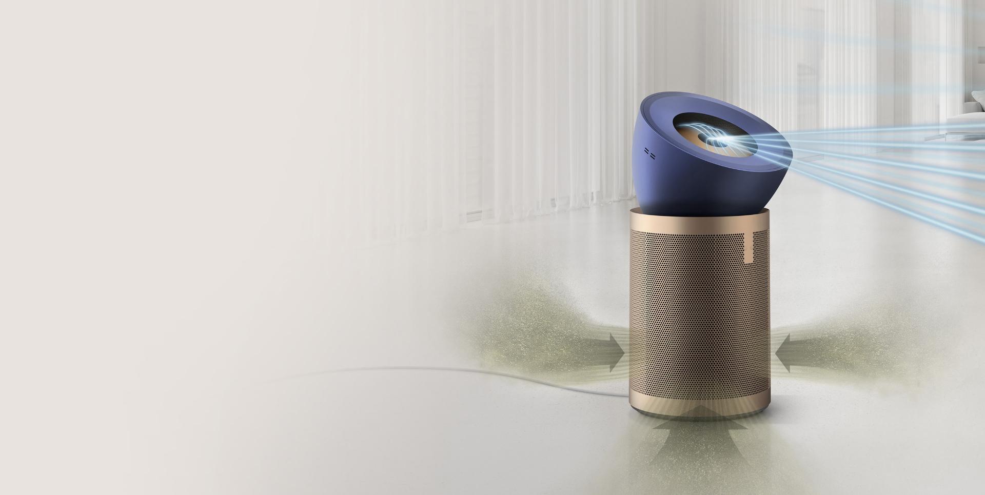 Dyson Purifier Big+Quiet Formaldehyde projecting air into living space while pollutants are being captured into the filter.