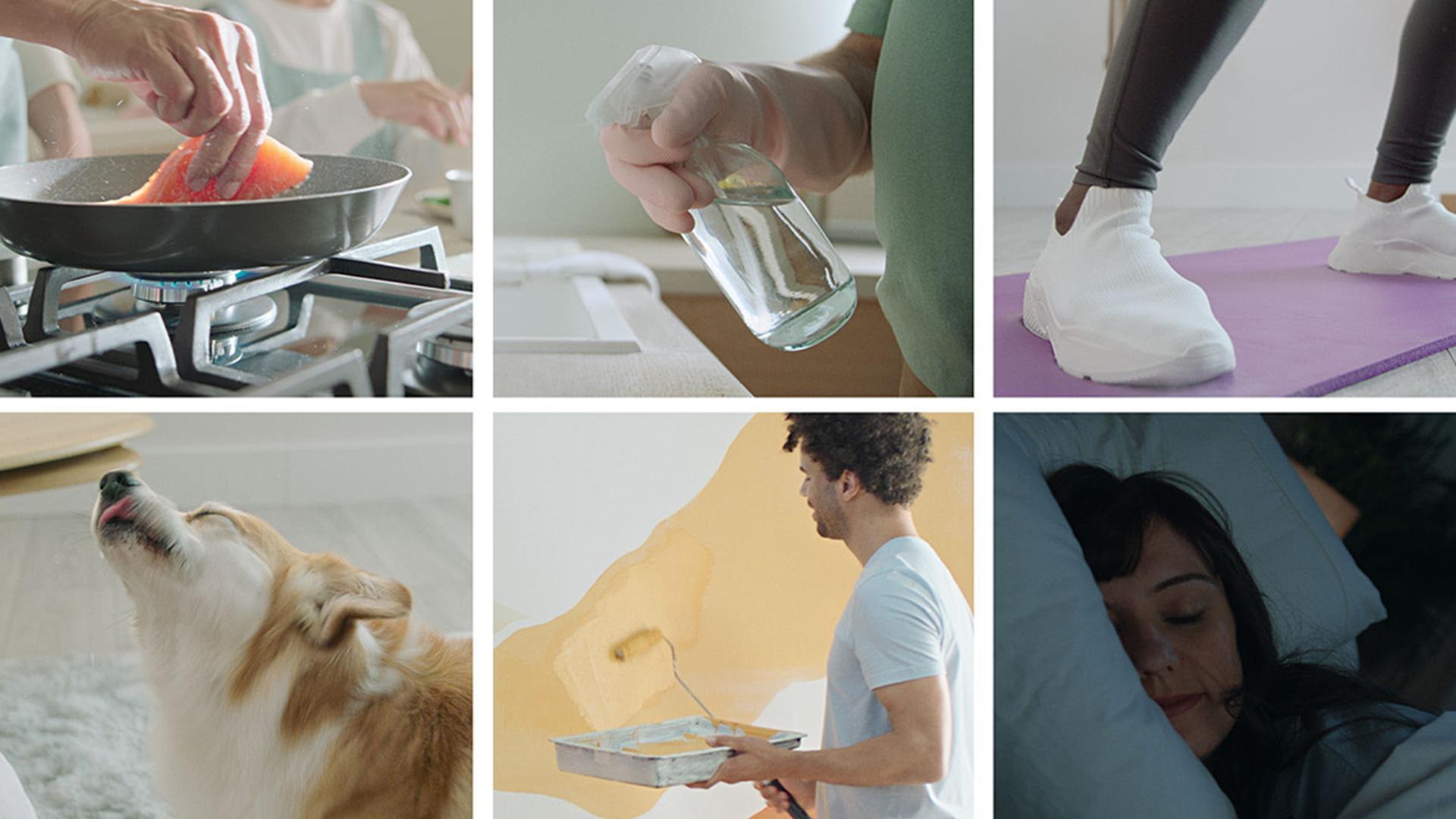 Six thumbnail photos illustrating different pollution scenarios around the home