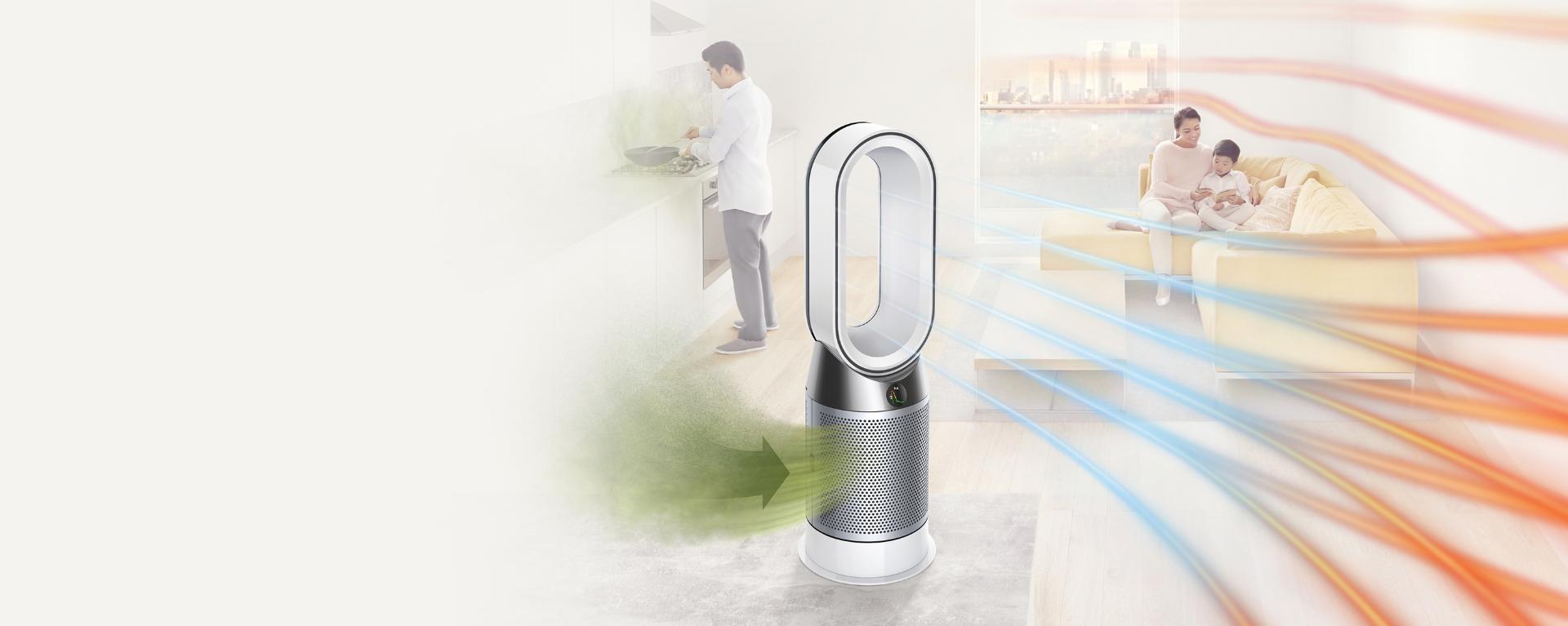 Dyson Pure Hot+Cool Cryptomic hava temizleyici odaya temiz hava dağıtıyor