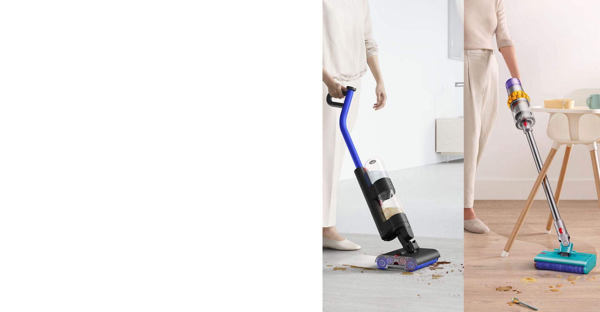 Dyson WashG1 mitrās tīrīšanas ierīce un Dyson Submarine tiek lietoti kopā ar Dyson 02 Probiotic uz grīdas.