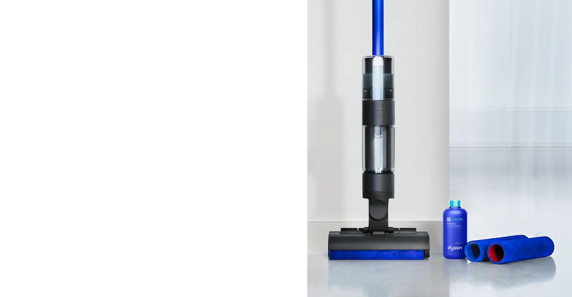 Drėgnojo valymo prietaisas „Dyson WashG1™“ ir kietųjų grindų dangų valymo tirpalas „Dyson 02 Probiotic“.