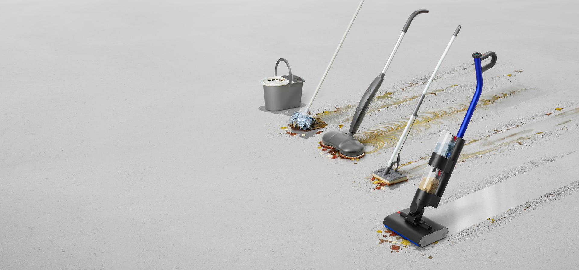 The Dyson WashG1 wet cleaner alongside conventional methods