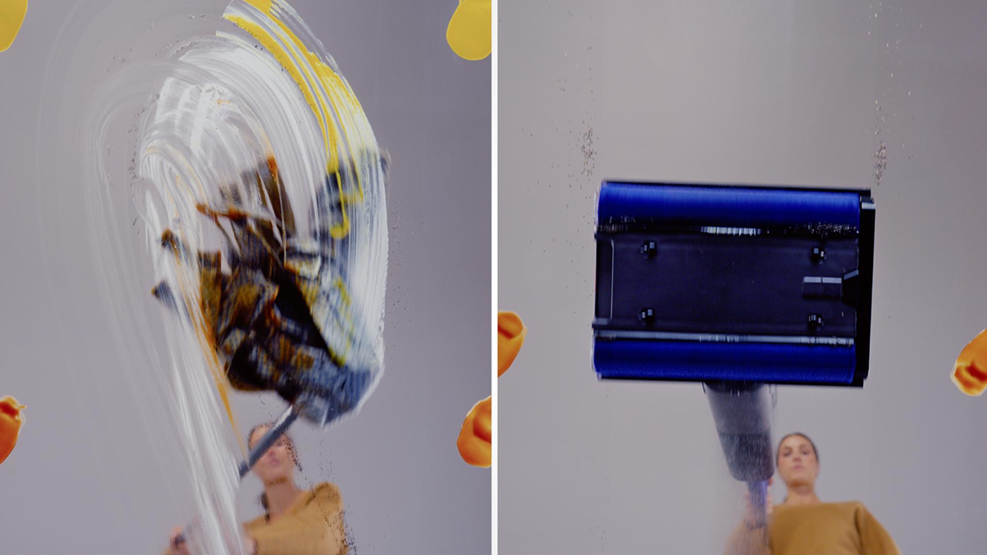 A conventional mop smearing dirt versus Dyson's wet cleaner leaving a sparkling finish