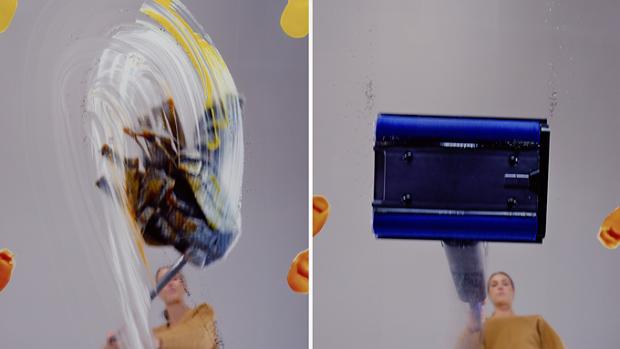 A conventional mop smearing dirt versus Dyson's wet cleaner leaving a sparkling finish