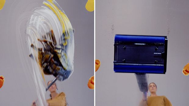 A conventional mop smearing dirt versus Dyson's wet cleaner leaving a sparkling finish