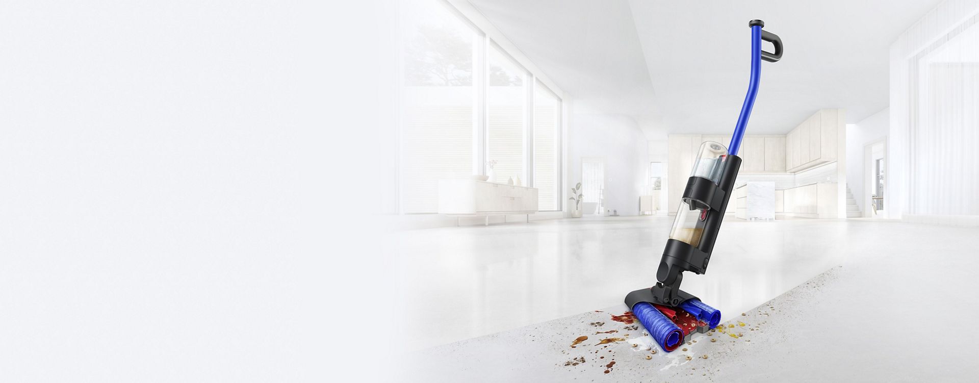 Dyson WashG1 wet cleaner removing muddy footprints on a hard floor.