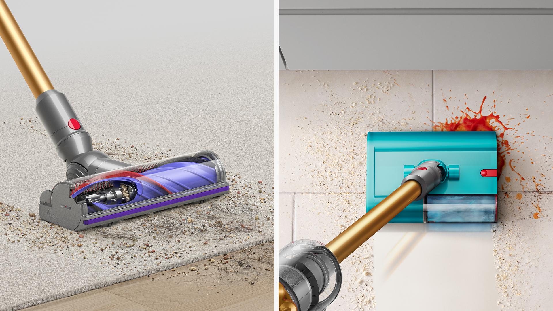 An aerial view of a Dyson wet and dry cleaner removing debris and spills on a tile floor