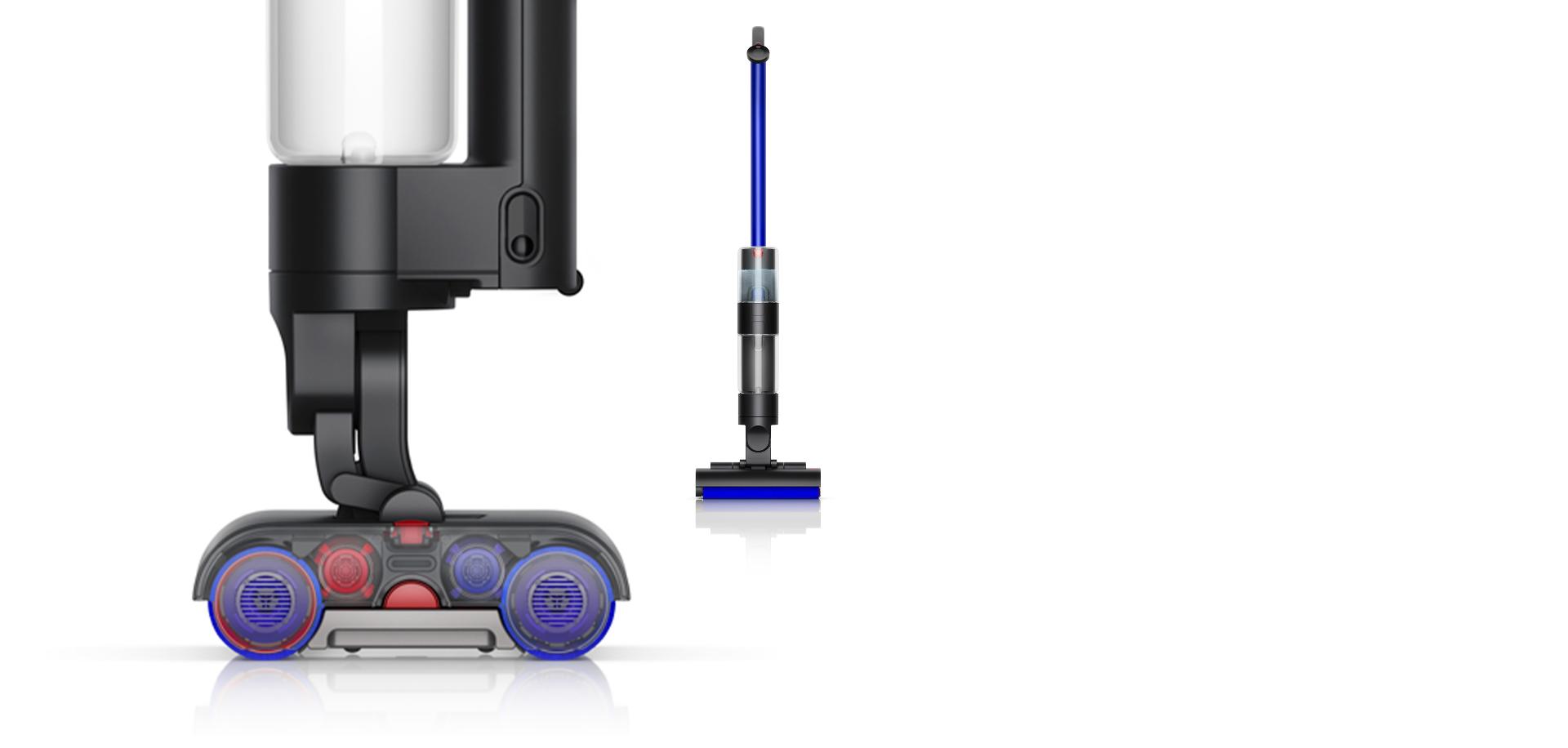لقطتان لمكنستيْ Dyson WashG1 للتنظيف الرطب – إحداهما للجهاز بالكامل والأخرى لقطة جانبية للوحدات الأسطوانية