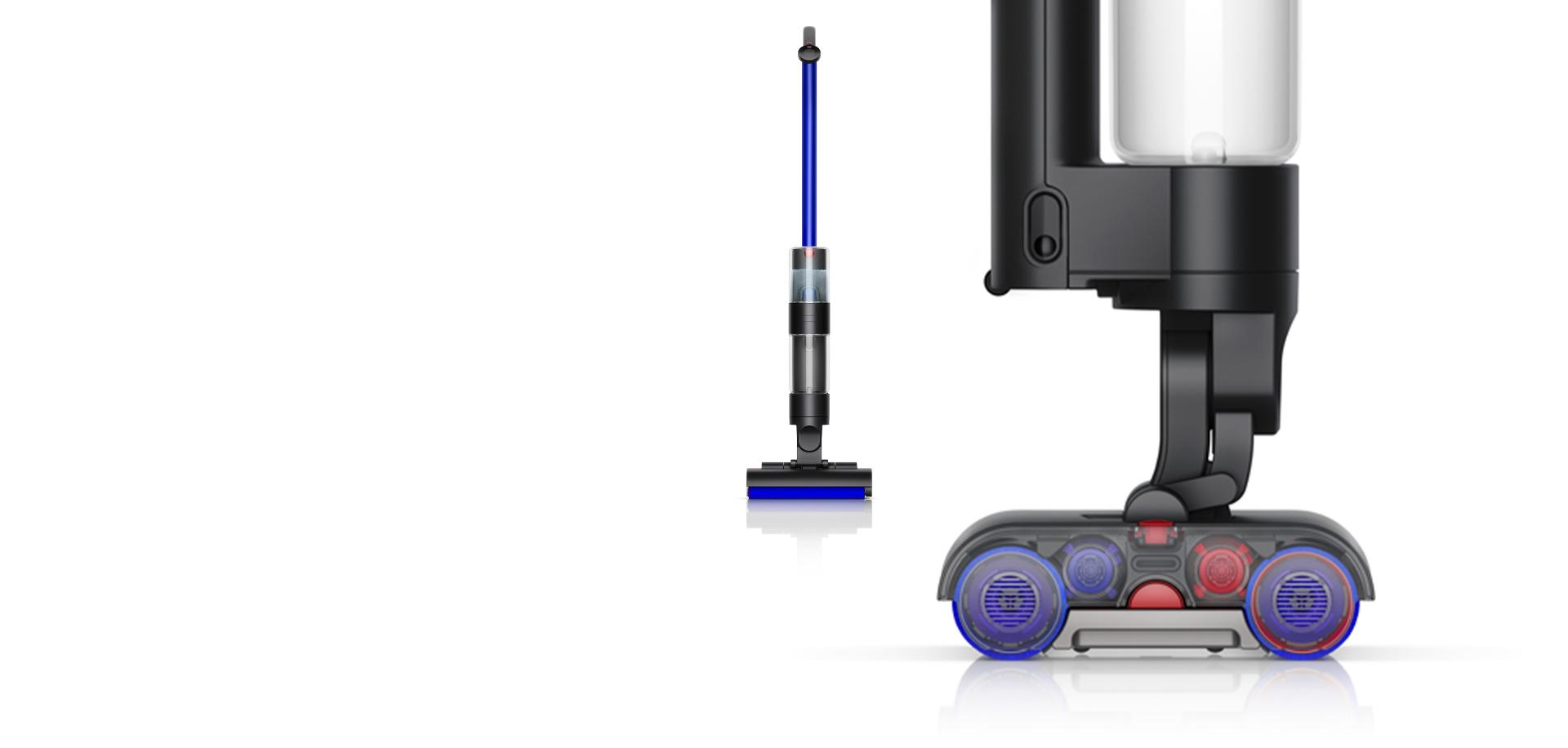 Dva snímky vysavače na mokré vysávání Dyson WashG1 – jeden celého přístroje a jeden profilový snímek válečků