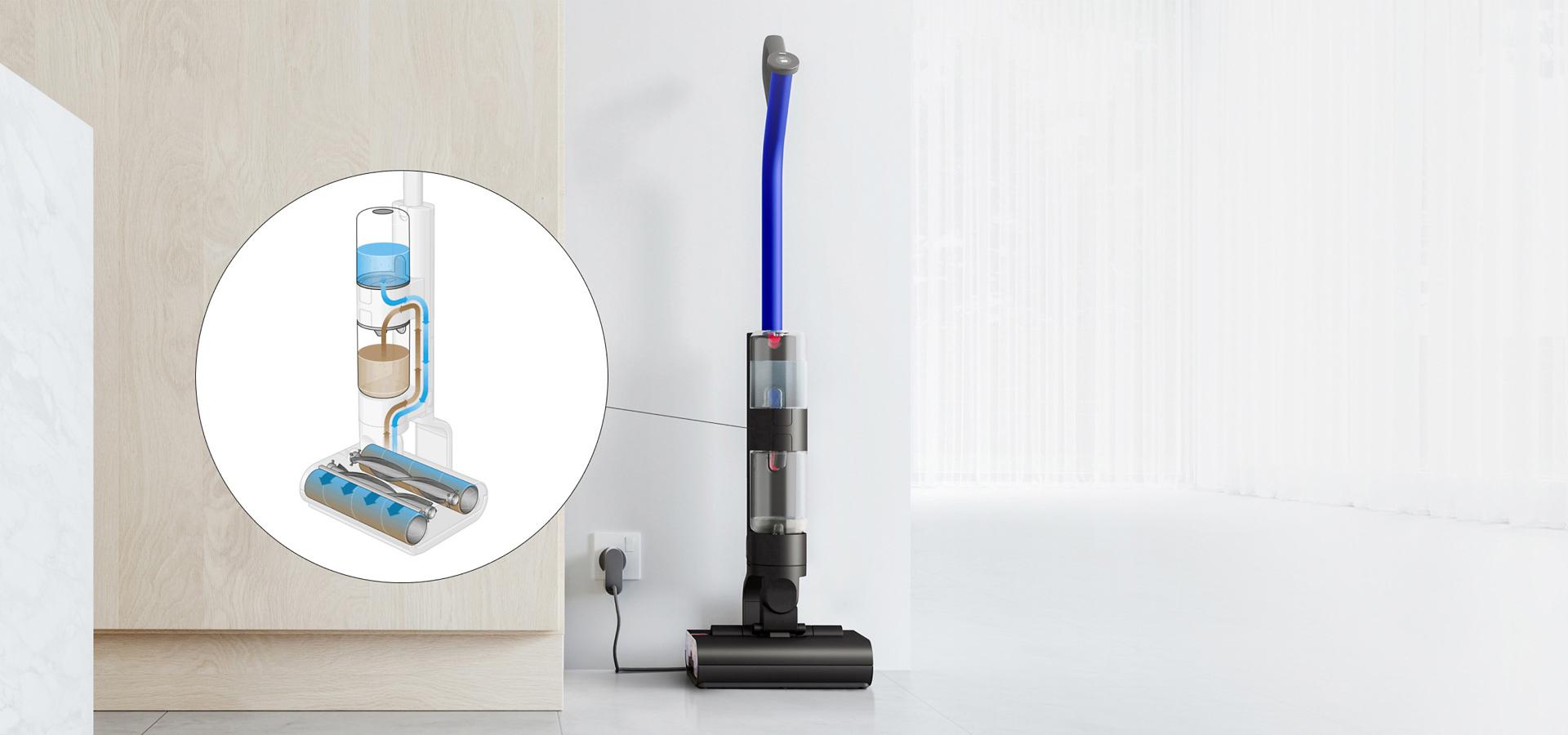 The Dyson Wash G1 charging beside a diagram of the inner workings of the Self-clean cycle