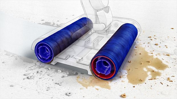 The densely packed microfibre rollers removing pet paw prints from a hard floor