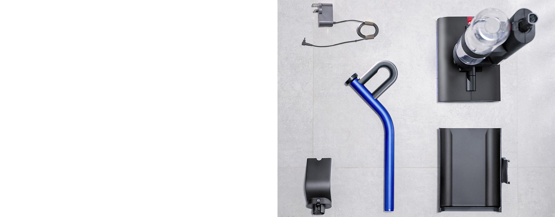 Drėgnojo valymo prietaiso „Dyson WashG1™“ paruoštų surinkti dalių vaizdas iš viršaus