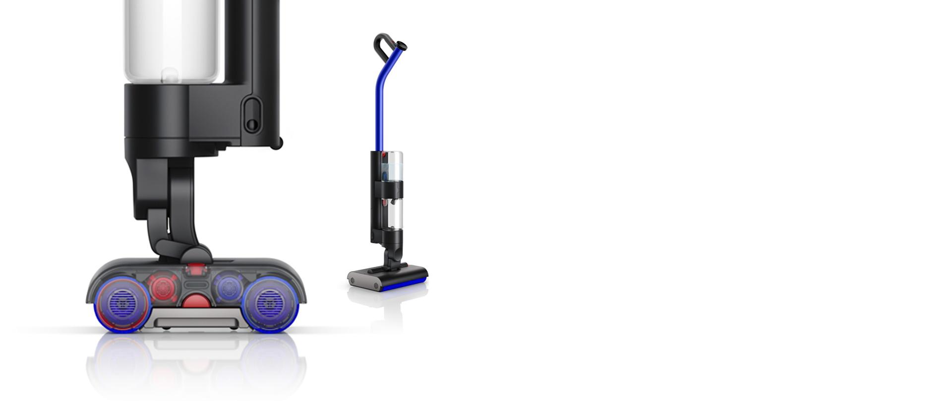 لقطتان لمكنستيْ Dyson WashG1 للتنظيف الرطب – إحداهما للجهاز بالكامل والأخرى لقطة جانبية للوحدات الأسطوانية