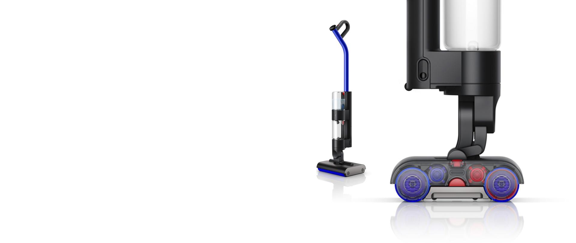 Du drėgnojo valymo prietaiso „Dyson WashG1“ vaizdai – viso prietaiso ir volelių profilio skerspjūvio