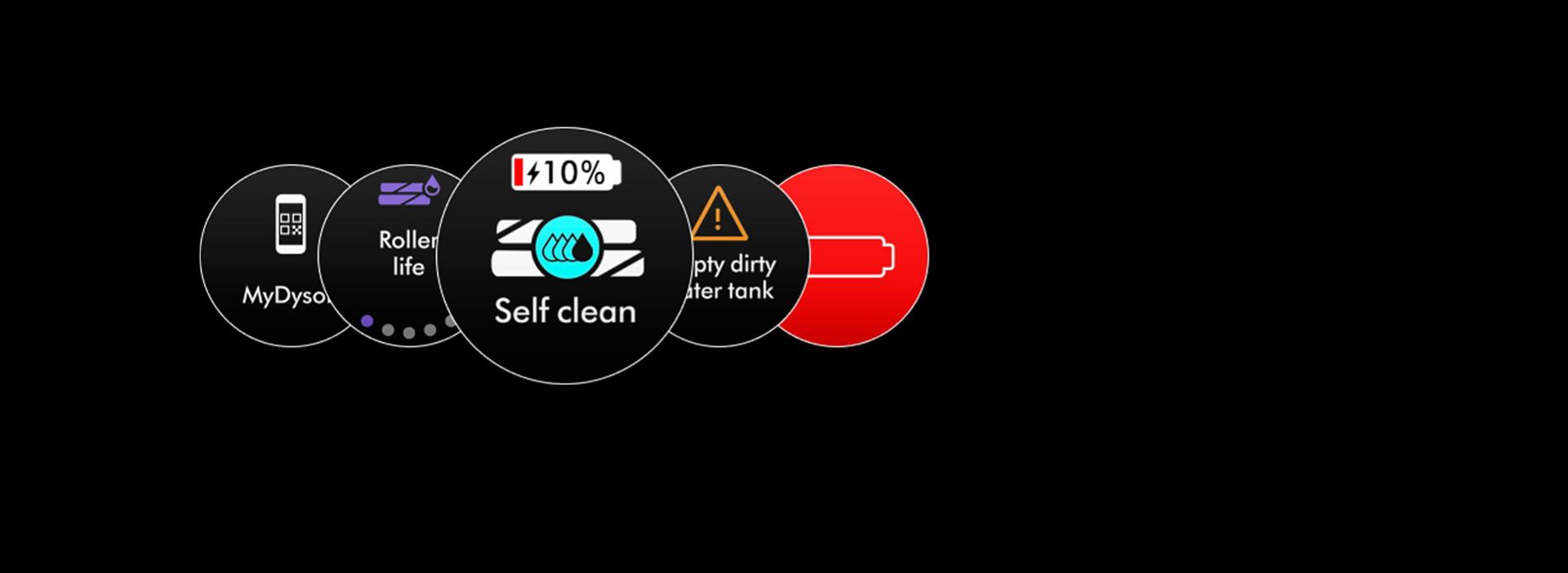 أيقونة تنبيه التنظيف الذاتي على شاشة LCD لمكنسة Dyson WashG1